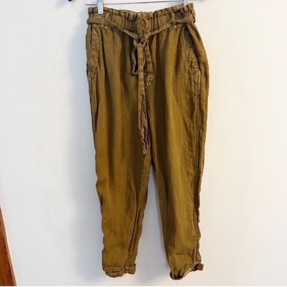 Free People Paperbag Pants Straight Leg Linen Cuffed Leg Tie Belt Size Small - Picture 1 of 11